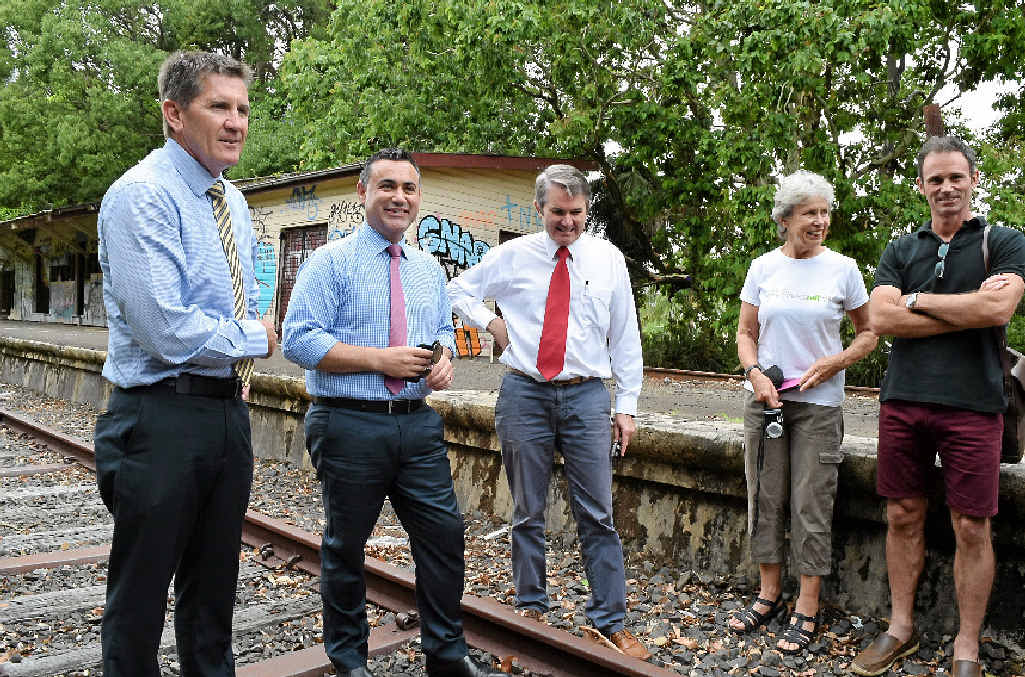 RAIL TRAIL INSPECTION: Pictured at the abandoned Bangalow Railway Station are NSW Nationals candidate for Ballina Kris Beavis, NSW Minister for Regional Tourism John Barilaro and Member for Ballina Don Page with Northern Rivers Rail Trail supporters Marie Lawton and Steve Martin. RAIL TRAIL INSPECTION: Pictured at the abandoned Bangalow Railway Station are NSW Nationals candidate for Ballina Kris Beavis, NSW Minister for Regional Tourism John Barilaro and Member for Ballina Don Page with Northern Rivers Rail Trail supporters Marie Lawton and Steve Martin.