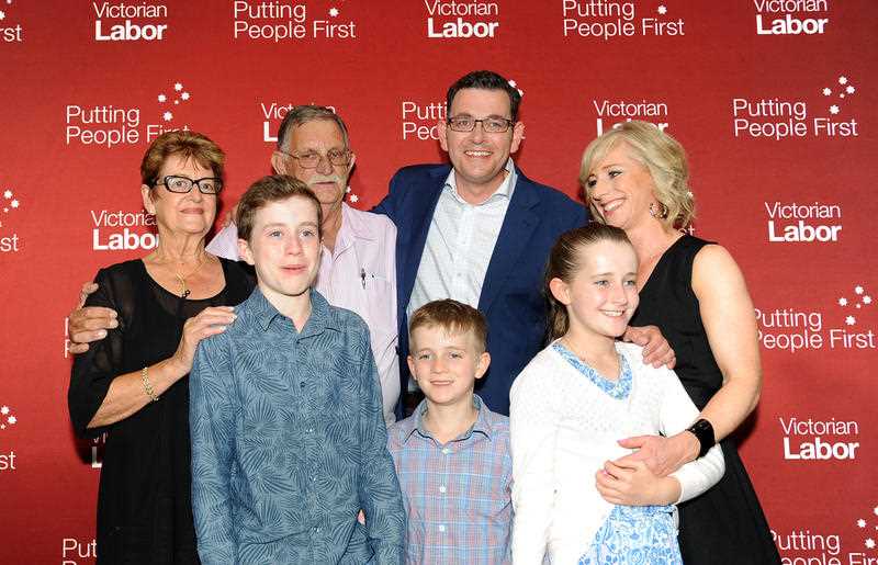 Victorian Labor Party leader Daniel Andrews celebrates with his wife Catherine, kids and his parents, at a party function in his electorate of Mulgrave, following his victory in the Victorian State election in Melbourne, Saturday, Nov. 29, 2014. Victorian Labor Party leader Daniel Andrews celebrates with his wife Catherine, kids and his parents, at a party function in his electorate of Mulgrave, following his victory in the Victorian State election in Melbourne, Saturday, Nov. 29, 2014.