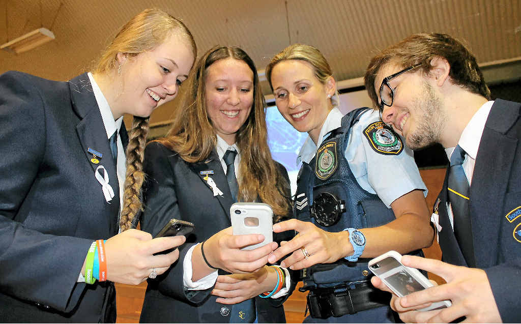 DON’T BE SILENT: Sen Const Laleynya Ryan with Southern Cross School K-12 students Erin Copeland, Keira Chapman and Jack Hawkins at the Wellbeing Expo which featured a presentation on cyber bullying. DON’T BE SILENT: Sen Const Laleynya Ryan with Southern Cross School K-12 students Erin Copeland, Keira Chapman and Jack Hawkins at the Wellbeing Expo which featured a presentation on cyber bullying.