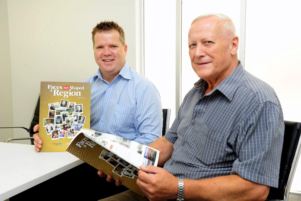Fraser Coast Chronicle's Darren Bosley and Alan Betteridge with copies of Faces that Shaped a Region. Fraser Coast Chronicle's Darren Bosley and Alan Betteridge with copies of Faces that Shaped a Region.