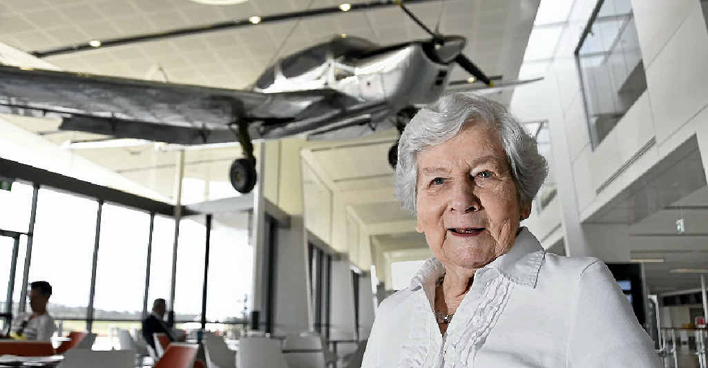 Barbara Trousdell looks over the plane piloted by her husband Ron Trousdell. The prototype was designed and built in Toowoomba and now hangs in the terminal at Wellcamp Airport. Barbara Trousdell looks over the plane piloted by her husband Ron Trousdell. The prototype was designed and built in Toowoomba and now hangs in the terminal at Wellcamp Airport.