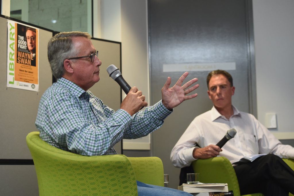 Former treasurer Wayne Swan at the Hervey Bay Library talking with Fraser Coast Mayor Gerard O'Connell. Former treasurer Wayne Swan at the Hervey Bay Library talking with Fraser Coast Mayor Gerard O'Connell.