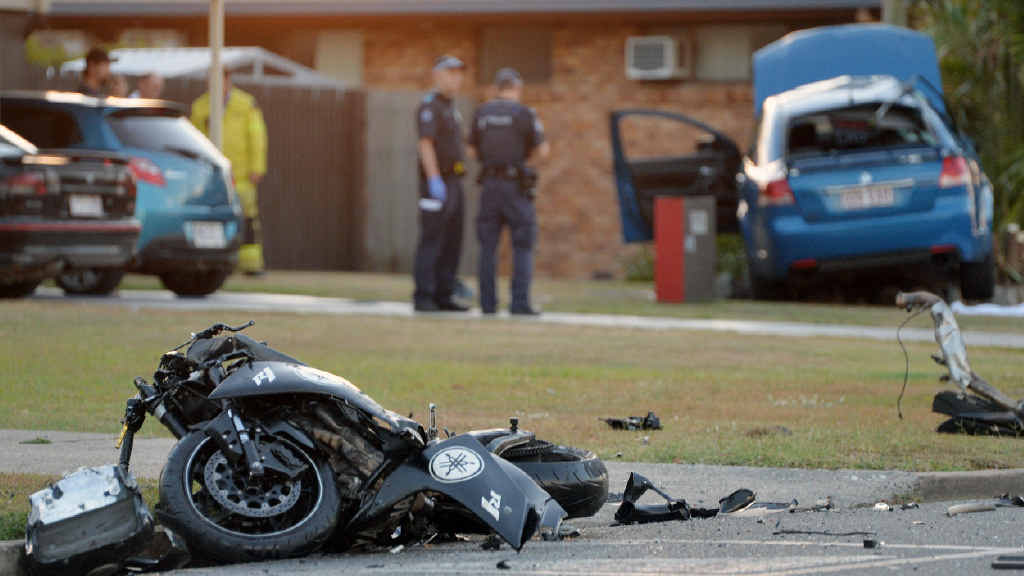 The rider of this motorbike was killed at the intersection of Bridge Rd and Goldsmith St and three people in the Commodore were injured, one seriously. The rider of this motorbike was killed at the intersection of Bridge Rd and Goldsmith St and three people in the Commodore were injured, one seriously.