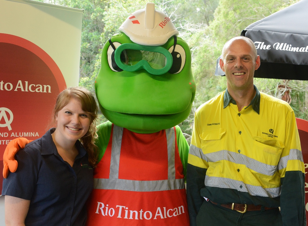 Gladstone Tondoon Botanic Gardens visitor services officer Alexis Smith (left), Rio Tinto Alcan Yarwun mascot Frankie the Frog and Queensland Alumina Limited specialist media and communications officer Chris Schultz launch Lessons in the Garden. Gladstone Tondoon Botanic Gardens visitor services officer Alexis Smith (left), Rio Tinto Alcan Yarwun mascot Frankie the Frog and Queensland Alumina Limited specialist media and communications officer Chris Schultz launch Lessons in the Garden.
