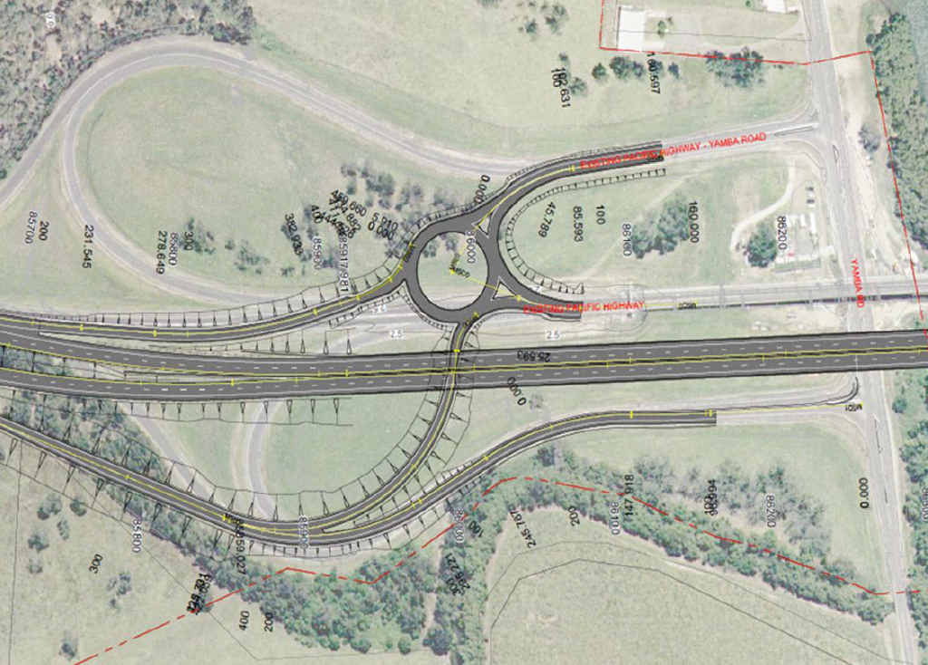 In option B, showing north of the river on the right and south of the river on the left, drivers travelling south must veer left off the highway on the north side of the new bridge, take the third exit on a roundabout and then cross the river on the old bridge before they can link up with the Yamba Rd. In option B, showing north of the river on the right and south of the river on the left, drivers travelling south must veer left off the highway on the north side of the new bridge, take the third exit on a roundabout and then cross the river on the old bridge before they can link up with the Yamba Rd.