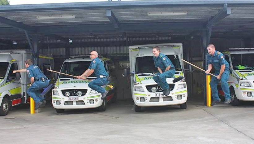 Gladstone paramedics Jacob Serena, Spencer Underwood, Josh Radloff and Tas Herbert fly through a shift. Gladstone paramedics Jacob Serena, Spencer Underwood, Josh Radloff and Tas Herbert fly through a shift.