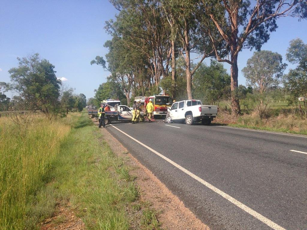 CRASH: A two vehicle accident has blocked the D'Aguilar Hwy. Photo Barclay White/ South Burnett Times CRASH: A two vehicle accident has blocked the D'Aguilar Hwy. Photo Barclay White/ South Burnett Times