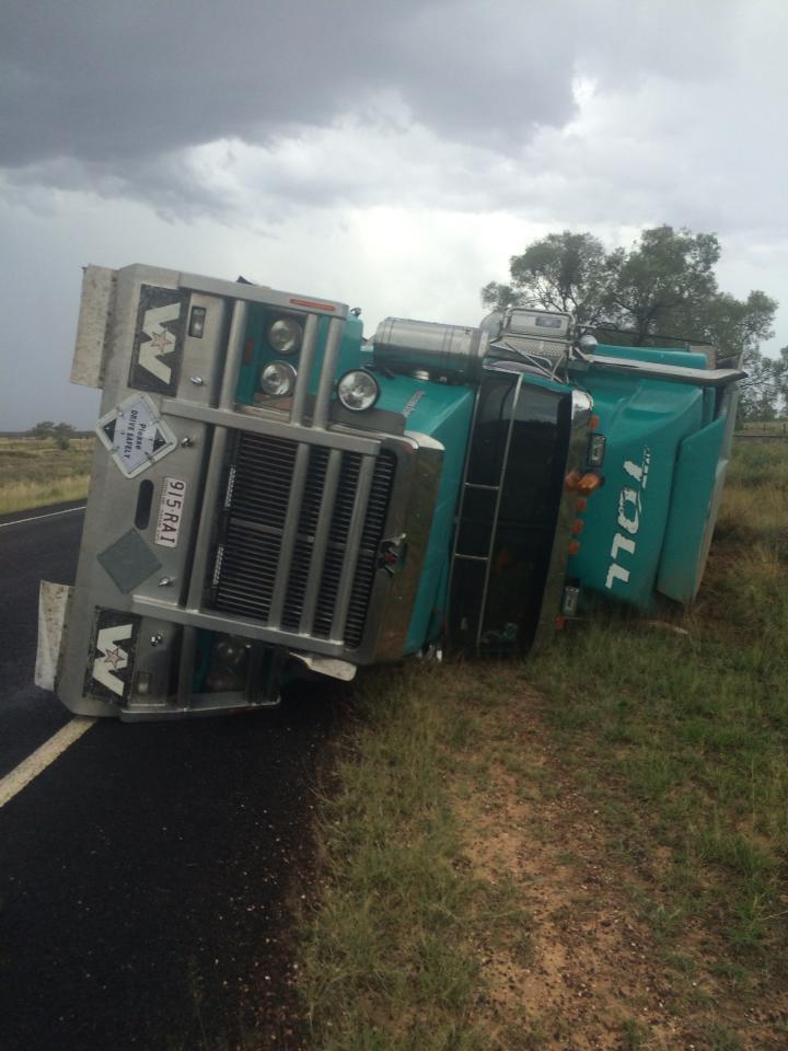 A truck is blown over by extreme winds at Barcaldine. A truck is blown over by extreme winds at Barcaldine.