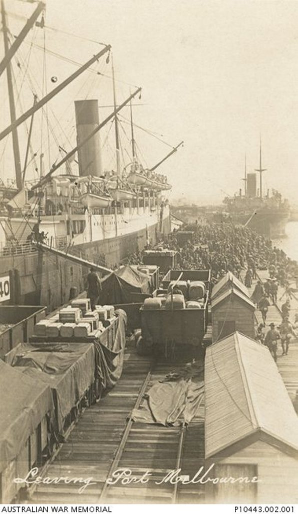 The Australian transport ships Ceramic (foreground) and Berrima in Melbourne in December 1914, before making their way to Albany for departure with the second Anzac convoy to Egypt. Courtesy of Australian War Memorial P10443.002.001 The Australian transport ships Ceramic (foreground) and Berrima in Melbourne in December 1914, before making their way to Albany for departure with the second Anzac convoy to Egypt. Courtesy of Australian War Memorial P10443.002.001