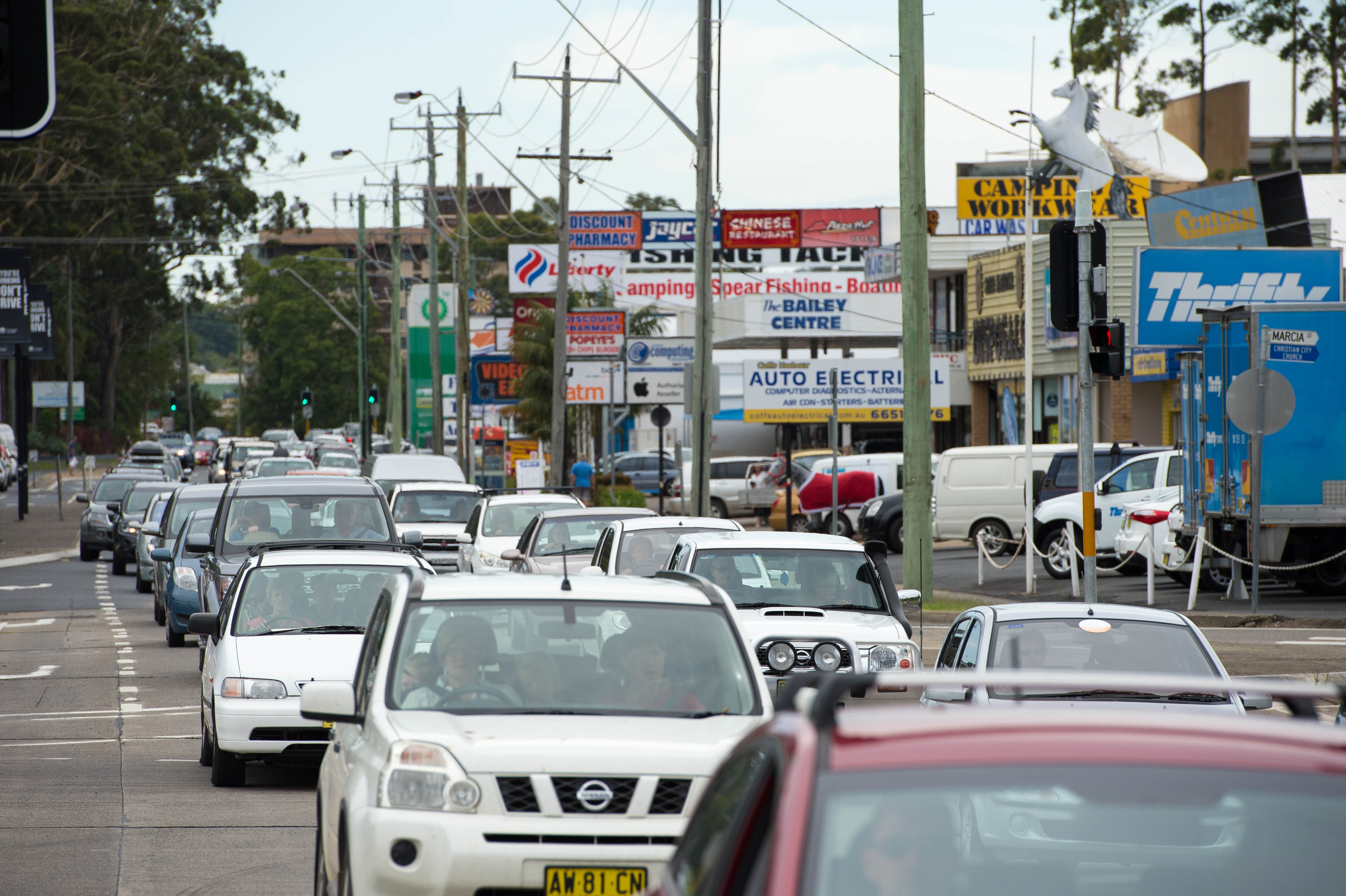 Steady rain and high traffic volumes is making it a crawl through Coffs Harbour central. Steady rain and high traffic volumes is making it a crawl through Coffs Harbour central.