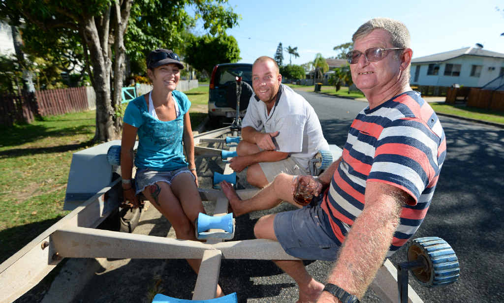 ON DRY LAND: Grateful to be alive Trevor Walters (right) with Sam Burns and Jonathan “Marksy” Mark who were saved by passing jet skiers after their boat sank. Trevor now has a boat trailer for sale. ON DRY LAND: Grateful to be alive Trevor Walters (right) with Sam Burns and Jonathan “Marksy” Mark who were saved by passing jet skiers after their boat sank. Trevor now has a boat trailer for sale.