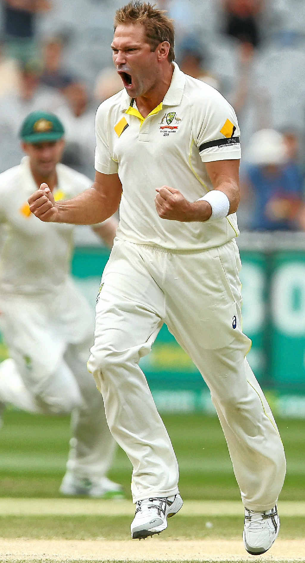 PUMPED: Ryan Harris celebrates dismissing Shikhar Dhawan while earlier (inset) Shaun Marsh is run out on 99. PUMPED: Ryan Harris celebrates dismissing Shikhar Dhawan while earlier (inset) Shaun Marsh is run out on 99.