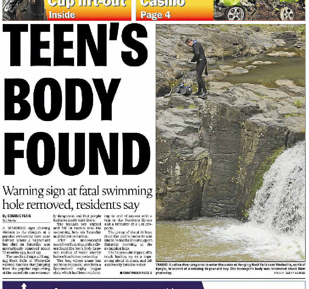SHOCKING: The Northern Star reports a tragedy at Hanging Rock Falls. SHOCKING: The Northern Star reports a tragedy at Hanging Rock Falls.