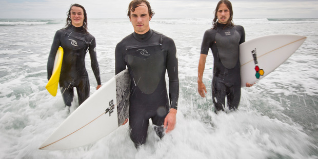 Liam Kennedy, Darren Celliers and Caleb Lemkus. The group helped save a family that got into trouble at Bethells Beach. Liam Kennedy, Darren Celliers and Caleb Lemkus. The group helped save a family that got into trouble at Bethells Beach.