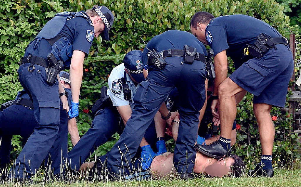 A Maryborough man has been arrested at a Sussex Street home. Six police crews and two ambulances were at the scene. A Maryborough man has been arrested at a Sussex Street home. Six police crews and two ambulances were at the scene.
