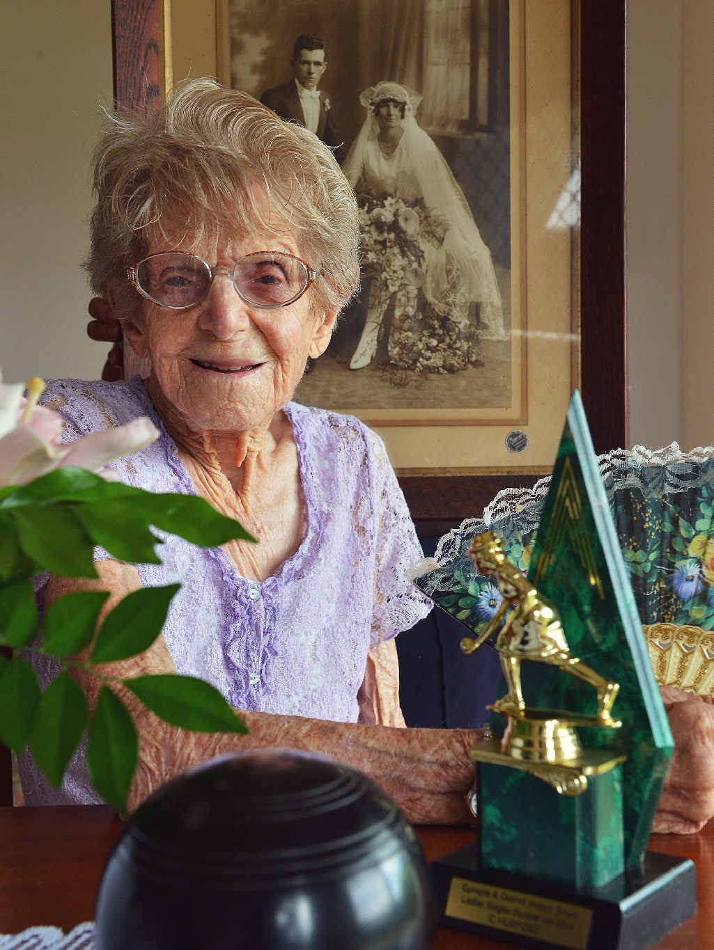BIRTHDAY GIRL: Charlotte ‘Lottie’ Hurford celebrated her 105th birthday on December 31, 2014. In the background is a portrait of Lottie’s wedding day to husband Phillip on July 22, 1931. BIRTHDAY GIRL: Charlotte ‘Lottie’ Hurford celebrated her 105th birthday on December 31, 2014. In the background is a portrait of Lottie’s wedding day to husband Phillip on July 22, 1931.