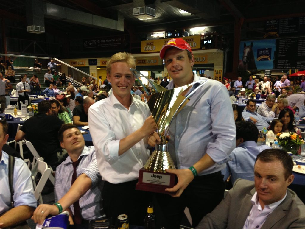 Jim Clarke (left) and trainer Bjorn Baker celebrate Unencumbered's 2014 Magic Millions victory at the Gold Coast. Jim Clarke (left) and trainer Bjorn Baker celebrate Unencumbered's 2014 Magic Millions victory at the Gold Coast.