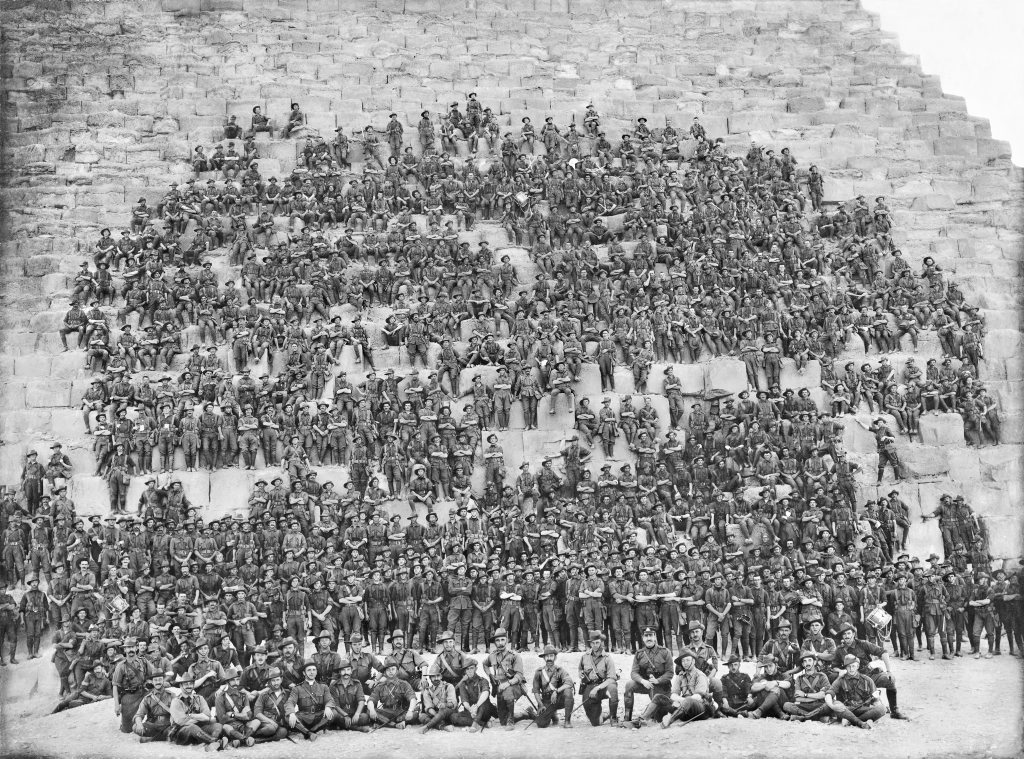This group portrait of all the original officers and men of the 11th Battalion, part of the 1st Australian Imperial Force's 3rd Brigade, was taken on January 10, 1915, on the side of the Cheops pyramid near Cairo, Egypt. This group portrait of all the original officers and men of the 11th Battalion, part of the 1st Australian Imperial Force's 3rd Brigade, was taken on January 10, 1915, on the side of the Cheops pyramid near Cairo, Egypt.