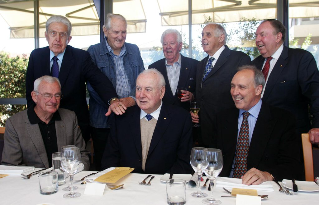 Former Labor leader Gough Whitlam (centre) poses for a photo with former members of his cabinet (L to R:) Bill Hayden (front left), Kep Enderby, Tom Uren, Joe Riorde, Les Johnson, Doug McClelland, Paul Keating (front right), during his 90th birthday party in south Sydney, Saturday, July 8, 2006. Former Labor leader Gough Whitlam (centre) poses for a photo with former members of his cabinet (L to R:) Bill Hayden (front left), Kep Enderby, Tom Uren, Joe Riorde, Les Johnson, Doug McClelland, Paul Keating (front right), during his 90th birthday party in south Sydney, Saturday, July 8, 2006.