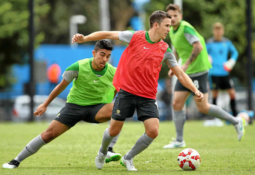 KUWAIT AND SEE: Matt McKay in action during a training session with the Socceroos ahead of tonight’s game with Kuwait. KUWAIT AND SEE: Matt McKay in action during a training session with the Socceroos ahead of tonight’s game with Kuwait.