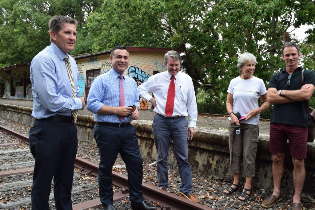 Rail Trail Inspection: Pictured at the abandoned Bangalow railway station are politicians Kris Beavis (NSW Nationals candidate for Ballina), Minister for Regional Tourism, John Barilaro and Member for Ballina Don Page with Northern Rivers Rail Trail supporters Marie Lawton and Steve Martin Photo Megan Kinninment / Northern Star Rail Trail Inspection: Pictured at the abandoned Bangalow railway station are politicians Kris Beavis (NSW Nationals candidate for Ballina), Minister for Regional Tourism, John Barilaro and Member for Ballina Don Page with Northern Rivers Rail Trail supporters Marie Lawton and Steve Martin Photo Megan Kinninment / Northern Star