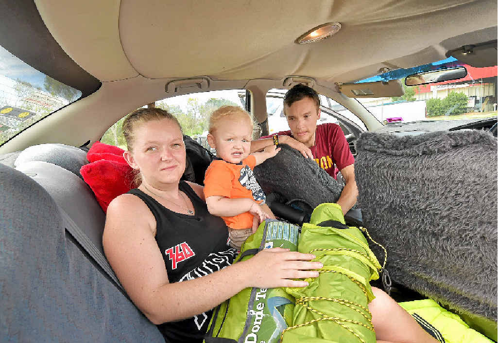 HOMELESS: Eddie Pyke and his partner Jasmine Hopkins with their son, Slater, 17 months. The family has been living in their car, camping and couch surfing. HOMELESS: Eddie Pyke and his partner Jasmine Hopkins with their son, Slater, 17 months. The family has been living in their car, camping and couch surfing.
