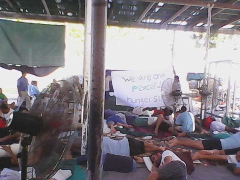 Supplied image obtained Sunday, Jan. 18. 2015 of asylum seekers during a hunger strike at the Manus Island detention centre. About 30 asylum seekers have sewn their lips together and 500 are on a hunger strike at the Manus Island detention centre, a refugee advocacy group says. Supplied image obtained Sunday, Jan. 18. 2015 of asylum seekers during a hunger strike at the Manus Island detention centre. About 30 asylum seekers have sewn their lips together and 500 are on a hunger strike at the Manus Island detention centre, a refugee advocacy group says.