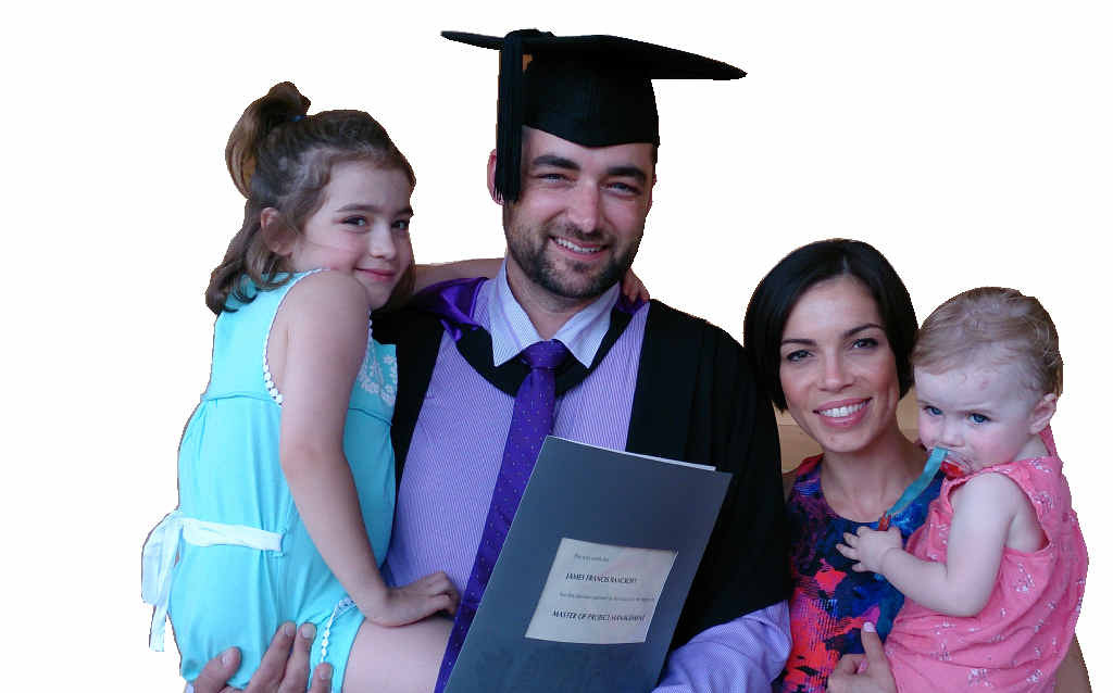The Bancroft family, with Ava after her transplant at left, celebrates James’s Masters graduation. The Bancroft family, with Ava after her transplant at left, celebrates James’s Masters graduation.