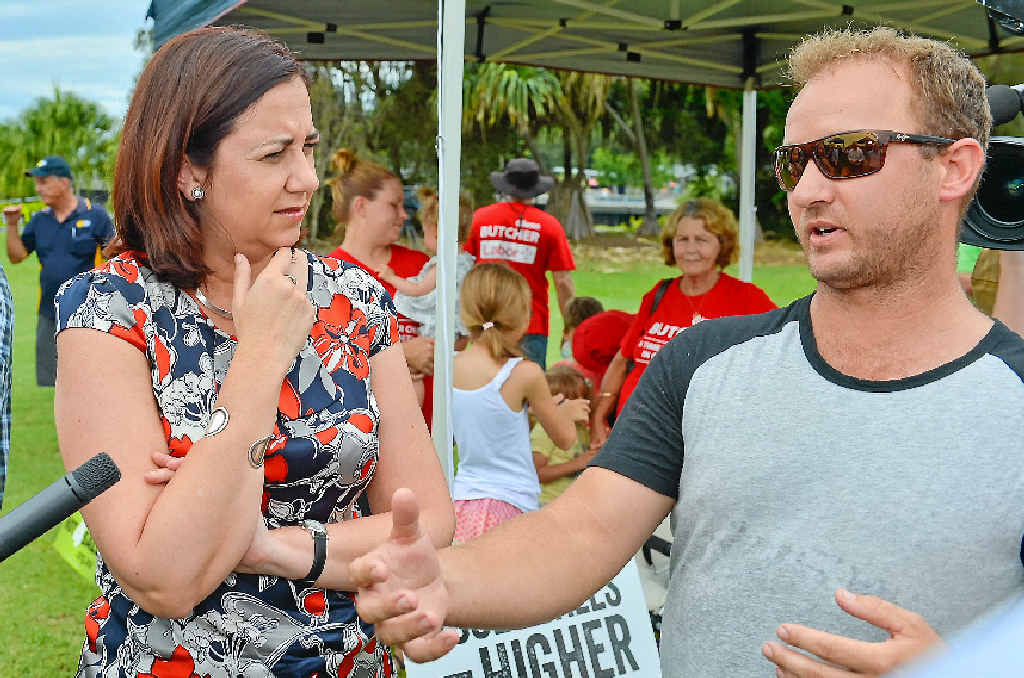 MEAT AND GREET: At Saturday’s ALP barbecue, tug boat worker Andrew Baines chats with Annastacia Palaszczuk about the future of the Gladstone port. MEAT AND GREET: At Saturday’s ALP barbecue, tug boat worker Andrew Baines chats with Annastacia Palaszczuk about the future of the Gladstone port.