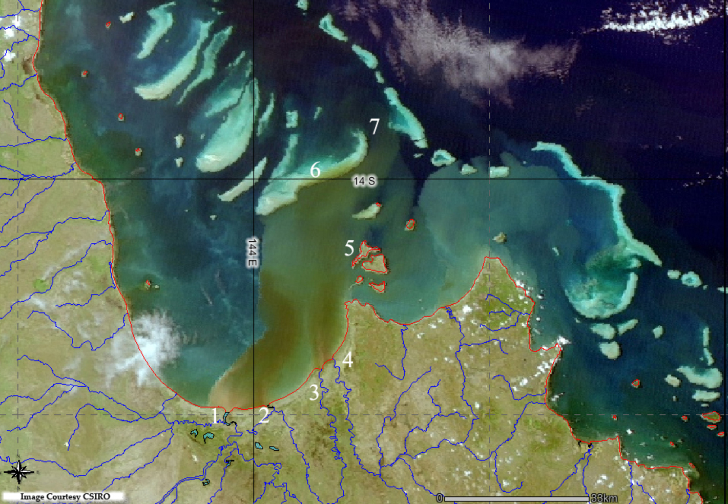 A CSIRO flood plume image from 2007 showing sediment (brown) and nutrient-rich (green) floodwaters reaching the reefs of the Great Barrier Reef in Princess Charlotte Bay. A CSIRO flood plume image from 2007 showing sediment (brown) and nutrient-rich (green) floodwaters reaching the reefs of the Great Barrier Reef in Princess Charlotte Bay.