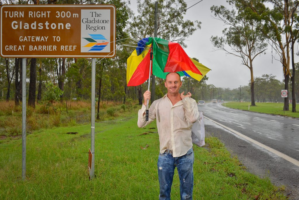 Peter Midgley walked more than four kilometers in the rain with a broken brolley from Benaraby for beers. Peter Midgley walked more than four kilometers in the rain with a broken brolley from Benaraby for beers.