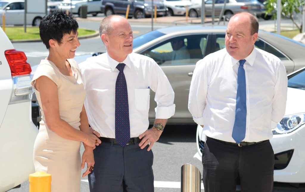 Premier Campbell Newman and his wife Lisa outside Rockhampton Hospital with Member for Keppel Bruce Young. Photo: Chris Ison / The Morning Bulletin Premier Campbell Newman and his wife Lisa outside Rockhampton Hospital with Member for Keppel Bruce Young. Photo: Chris Ison / The Morning Bulletin