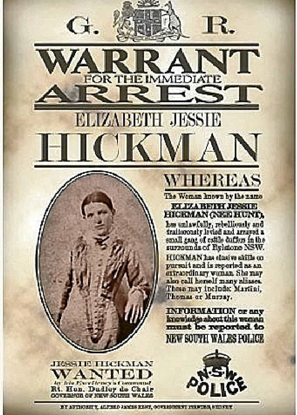 Pat Studdy-Clift’s book, a wanted poster and bushranger Elizabeth Jessie Hickman. Pat Studdy-Clift’s book, a wanted poster and bushranger Elizabeth Jessie Hickman.