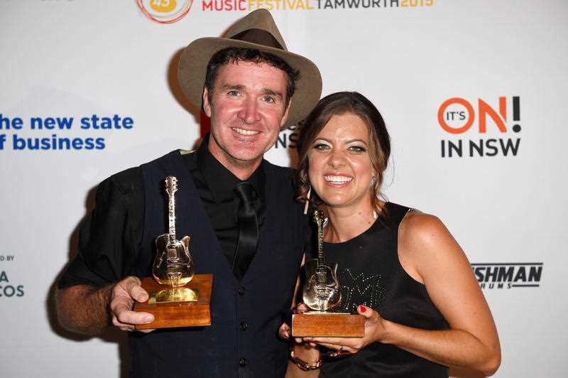 Luke O'Shea and Amber Lawrence pose for a photograph after winning the Golden Guitar for Male and Female Artist of the Year respectively, at the Golden Guitar Awards during the 43rd Tamworth Country Music Festival in Tamworth, New South Wales, Saturday, Jan. 24, 2015. Luke O'Shea and Amber Lawrence pose for a photograph after winning the Golden Guitar for Male and Female Artist of the Year respectively, at the Golden Guitar Awards during the 43rd Tamworth Country Music Festival in Tamworth, New South Wales, Saturday, Jan. 24, 2015.