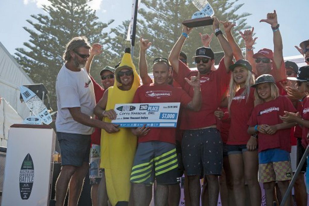 The Coffs Harbour Boardriders team celebrates finishing second overall at the Original Source Australian Boardriders Battle held at Cronulla. The Coffs Harbour Boardriders team celebrates finishing second overall at the Original Source Australian Boardriders Battle held at Cronulla.