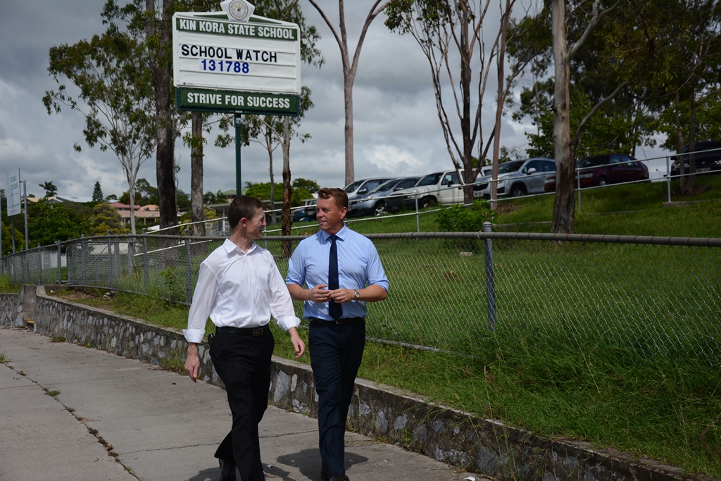 Gladstone's LNP candidate Michael Duggan chats with Transport Minister Scott Emerson outside Kin Kora State School. Gladstone's LNP candidate Michael Duggan chats with Transport Minister Scott Emerson outside Kin Kora State School.