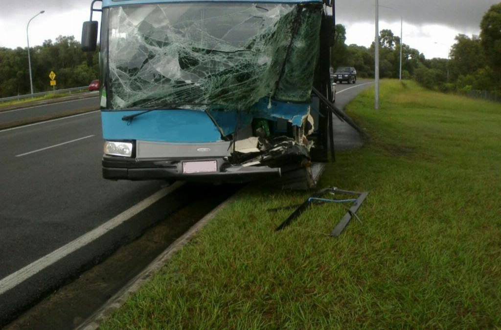 Clayton's Towing helped clear the scene of a bus versus four-wheel-drive crash on the Sunshine Motorway this morning. Photo: Courtesy of Clayton's Towing. Clayton's Towing helped clear the scene of a bus versus four-wheel-drive crash on the Sunshine Motorway this morning. Photo: Courtesy of Clayton's Towing.