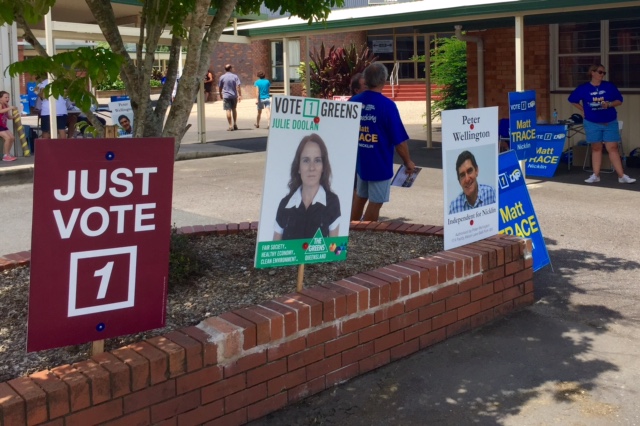 The maroon Just Vote 1 sign at Nicklin has sparked complaints from the ALP and Peter Wellington. The maroon Just Vote 1 sign at Nicklin has sparked complaints from the ALP and Peter Wellington.