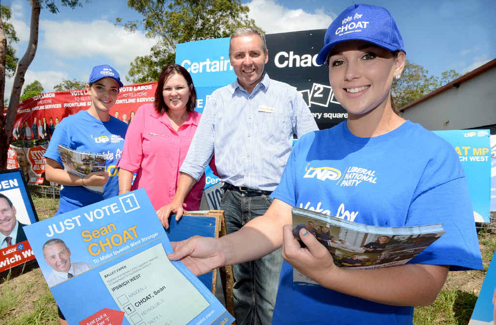 FAMILY AFFAIR: It was a family affair for LNP candidate Sean Choat at Karalee State School. (L-R) Kate Spain-Mostina, Nicky Choat (wife), Sean Choat, and Charlotte Choat (daughter). FAMILY AFFAIR: It was a family affair for LNP candidate Sean Choat at Karalee State School. (L-R) Kate Spain-Mostina, Nicky Choat (wife), Sean Choat, and Charlotte Choat (daughter).