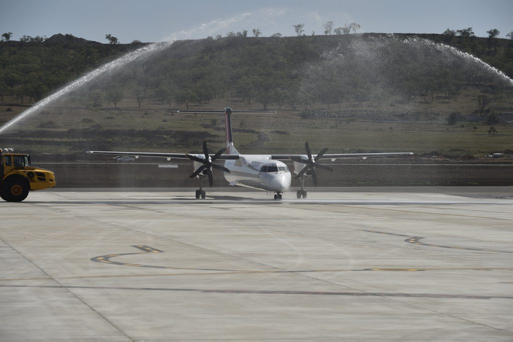 Brisbane West Wellcamp Airport officially open with first passenger flights by Qantas. The Qantas Link lands with the first passengers from Sydney. Photo Bev Lacey / The Chronicle Brisbane West Wellcamp Airport officially open with first passenger flights by Qantas. The Qantas Link lands with the first passengers from Sydney. Photo Bev Lacey / The Chronicle