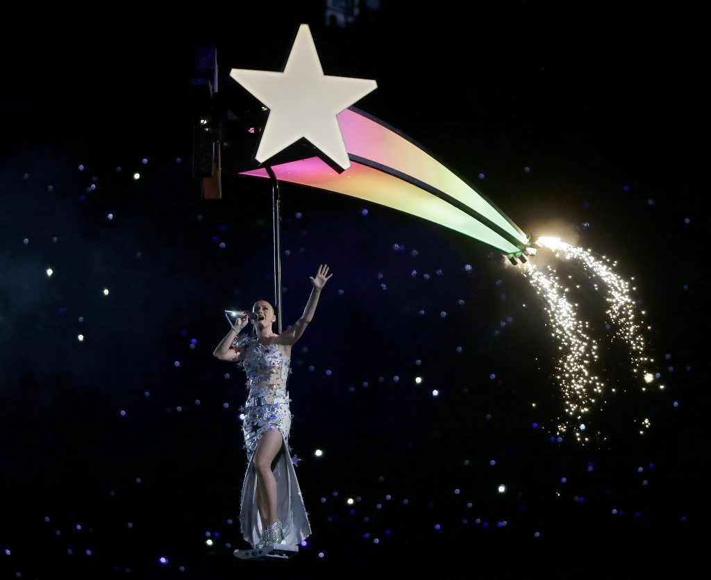 Katy Perry performs during halftime of NFL Super Bowl XLIX football game between the Seattle Seahawks and the New England Patriots in Glendale, Arizona. Katy Perry performs during halftime of NFL Super Bowl XLIX football game between the Seattle Seahawks and the New England Patriots in Glendale, Arizona.