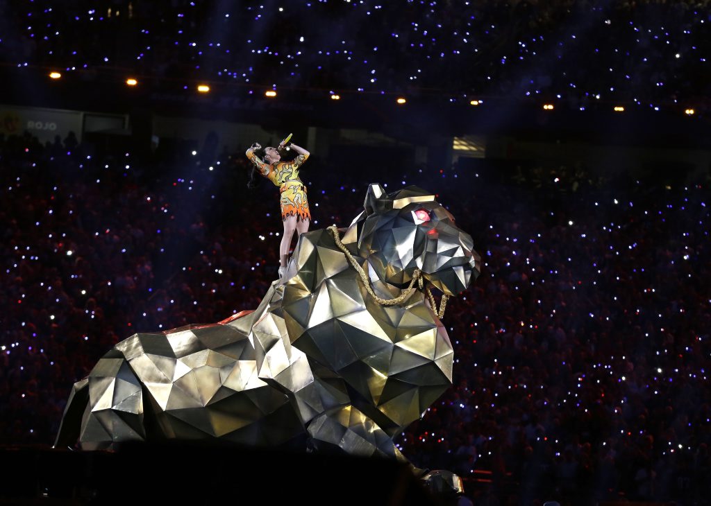 Singer Katy Perry performs during halftime of NFL Super Bowl XLIX football game between the Seattle Seahawks and the New England Patriots in Glendale, Arizona. Singer Katy Perry performs during halftime of NFL Super Bowl XLIX football game between the Seattle Seahawks and the New England Patriots in Glendale, Arizona.