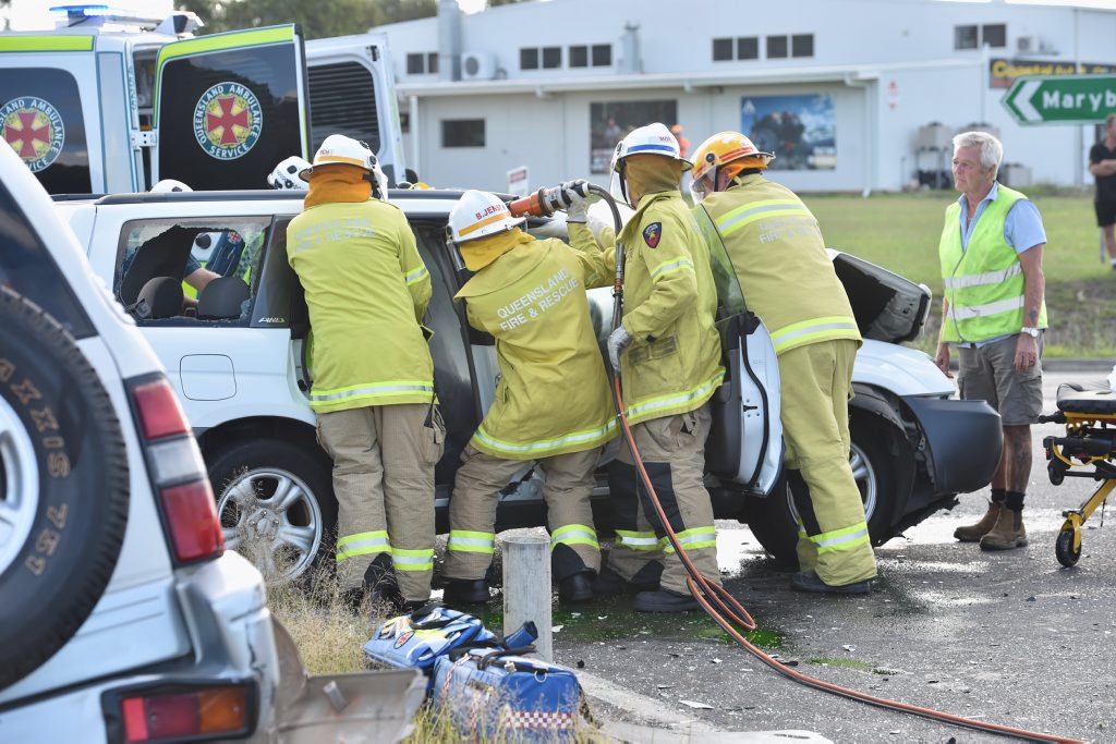 Firefighters cut a woman from the wreck of a car after a crash at the corner of Maryborough Hervey Bay Rd and Urraween Rd. Firefighters cut a woman from the wreck of a car after a crash at the corner of Maryborough Hervey Bay Rd and Urraween Rd.