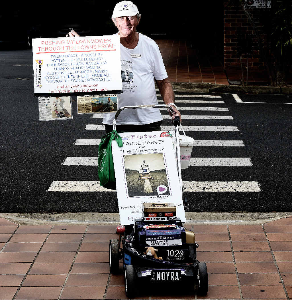 LONG ROAD TO MOW: Claude Harvey The Lawnmower Man is looking to raise a million dollars in 10 years through his walks. LONG ROAD TO MOW: Claude Harvey The Lawnmower Man is looking to raise a million dollars in 10 years through his walks.