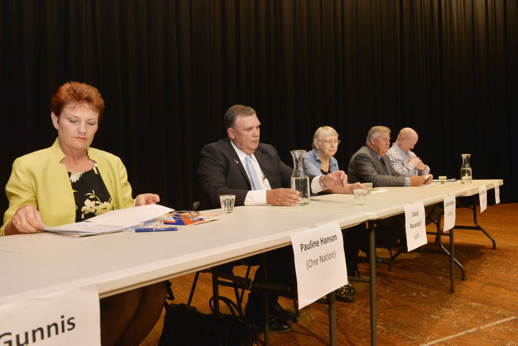 Pauline Hanson, David Neuendorf, Clare Rudkin, Ian Rickuss and Steve Leese at the Meet the Candidates Forum in Gatton last week. Pauline Hanson, David Neuendorf, Clare Rudkin, Ian Rickuss and Steve Leese at the Meet the Candidates Forum in Gatton last week.