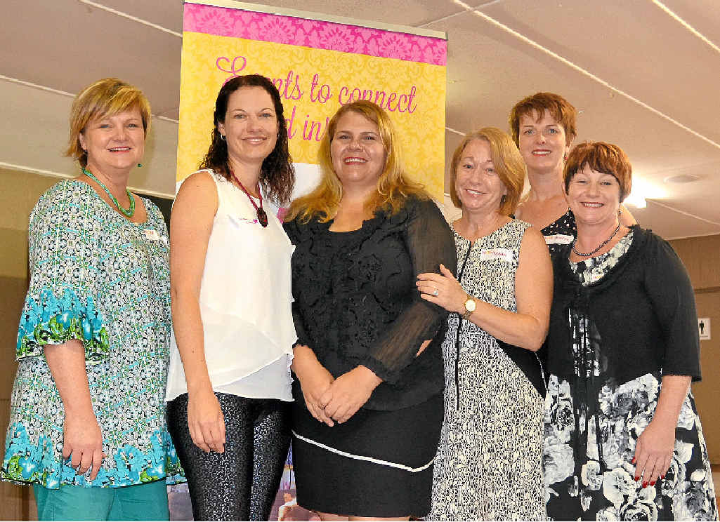 SHARING STORIES: Sue Hamlet, Nicole Kane, guest speakers Shannon Aspinall and Megan O’Shannessy, Catherine Travers and Julia Keogh at the Women of Warwick breakfast at the Warwick Golf Club yesterday.