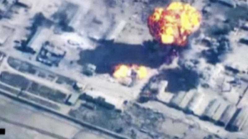 In this image made from undated video provided by Jordanian military via Jordan TV, explosions go off as the military carried out airstrikes at an undisclosed location in Syria. In this image made from undated video provided by Jordanian military via Jordan TV, explosions go off as the military carried out airstrikes at an undisclosed location in Syria.