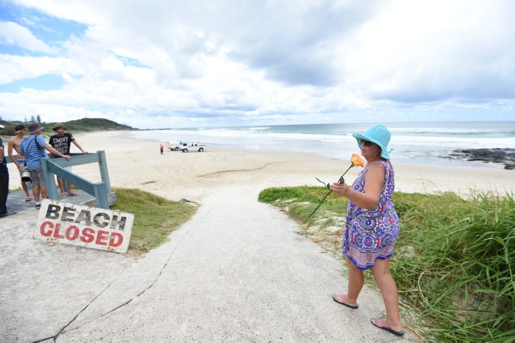 Carmel McInerney, of Ballina, takes a rose down to Shelly Beach after hearing about the shark attack. Carmel McInerney, of Ballina, takes a rose down to Shelly Beach after hearing about the shark attack.