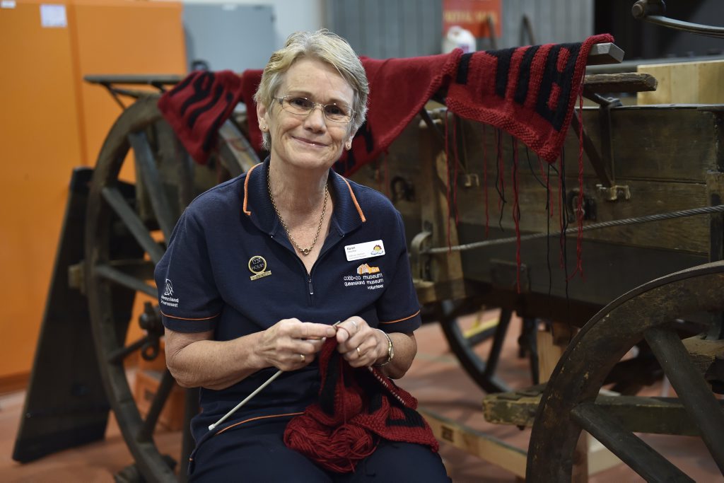 Cobb + Co Museum are hoping keen knitters will come forward and assist them create a fifty metre timeline as part of the WW1 centenary exhibition. Karen Mann, who works as a volunteer at the Museum is busy creating panels. Cobb + Co Museum are hoping keen knitters will come forward and assist them create a fifty metre timeline as part of the WW1 centenary exhibition. Karen Mann, who works as a volunteer at the Museum is busy creating panels.