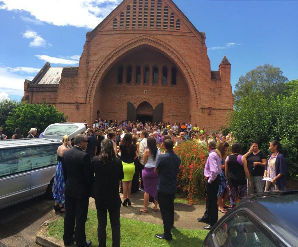 A sea of purple and yellow poured out of the Christ Church Cathedral, to farewell Tracey-Lee Schuhmacher. Photo Georja Ryan / Daily Examiner A sea of purple and yellow poured out of the Christ Church Cathedral, to farewell Tracey-Lee Schuhmacher. Photo Georja Ryan / Daily Examiner